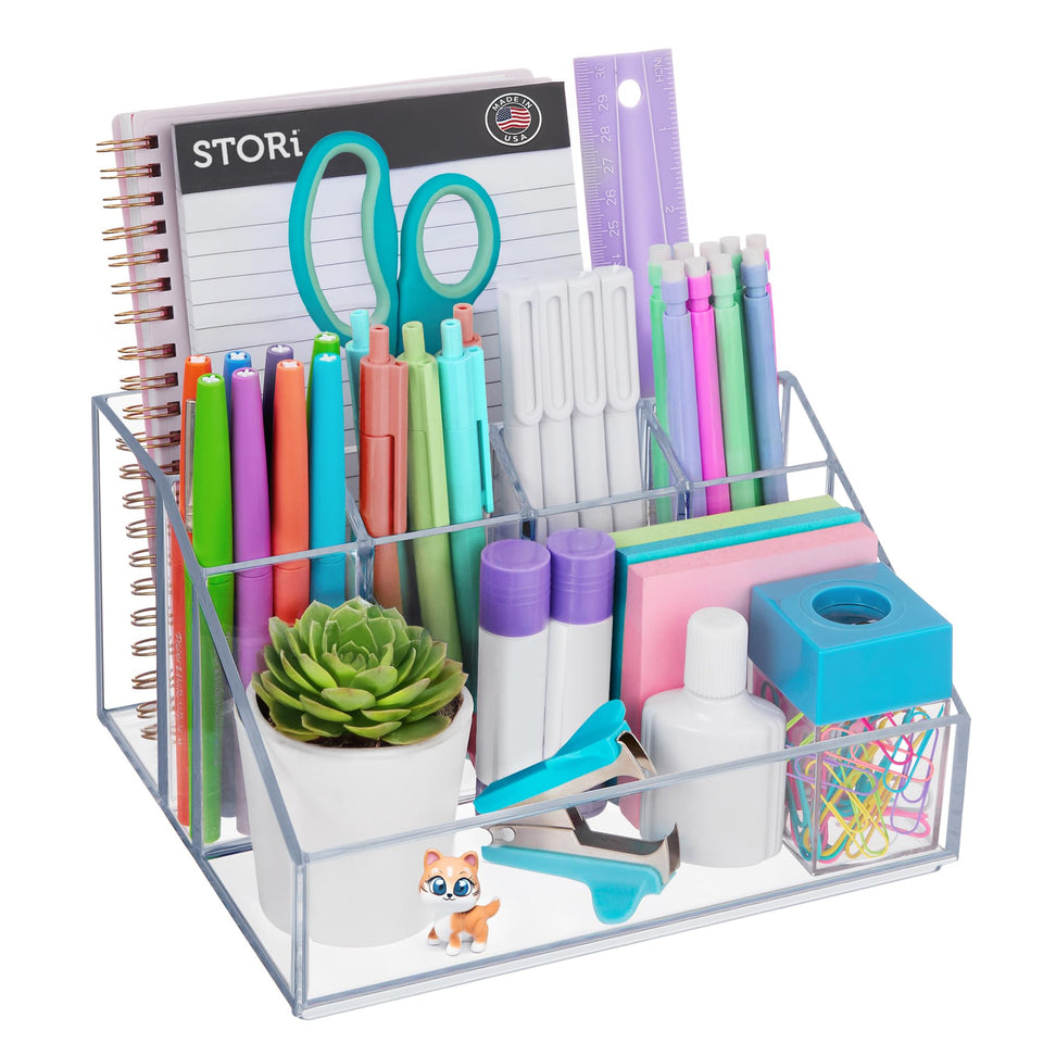 STORi Chloe clear desk organizer with six compartments for easy access to pens and supplies
