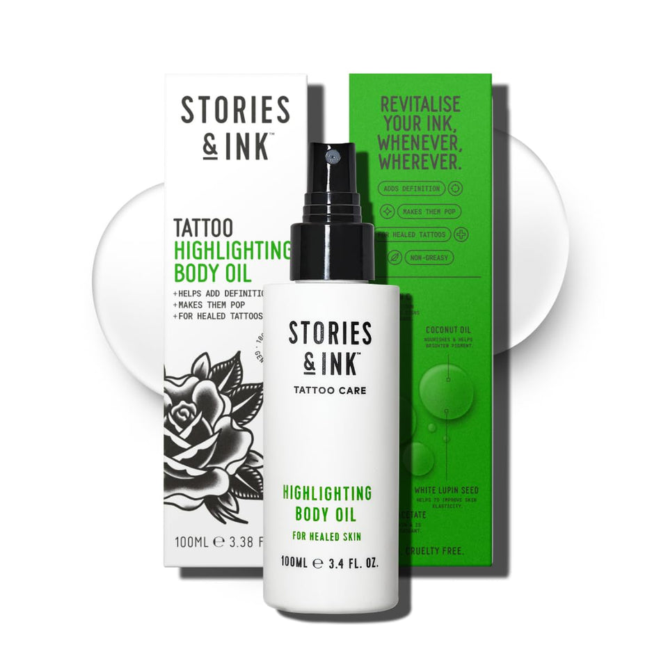 Stories & Ink Highlighting Body Oil bottle delivers instant glow for healed tattoos