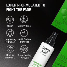 Pump dispenser on Stories & Ink Highlighting Body Oil allows precise application