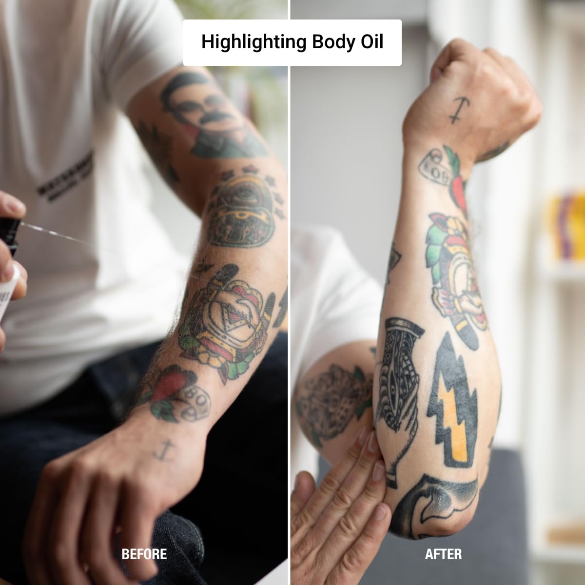 Closeup of Stories & Ink Highlighting Body Oil texture shows smooth, fast-absorbing formula