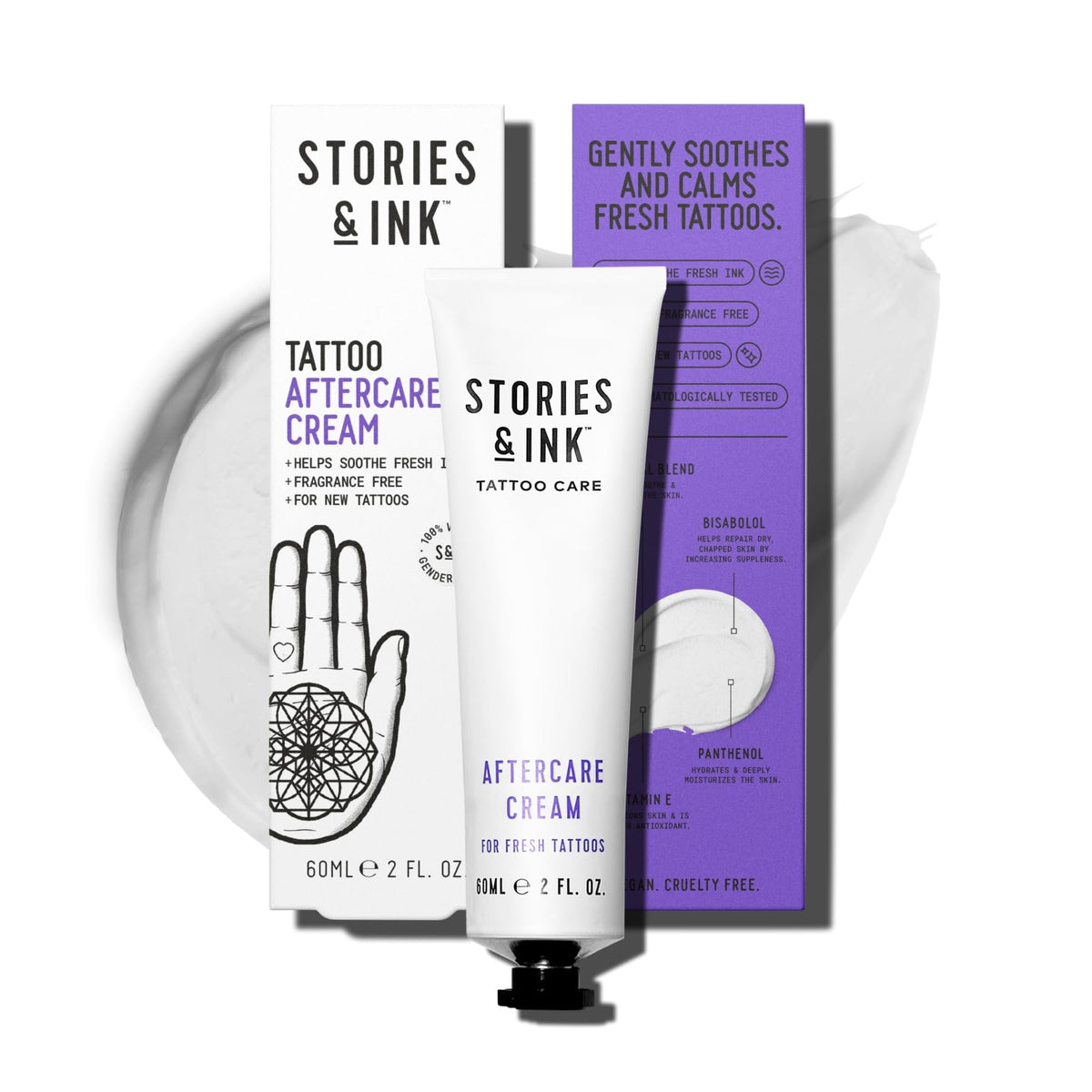 Stories & Ink tattoo care aftercare cream tube close-up for soothing new tattoos