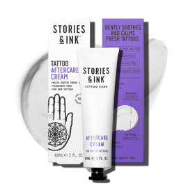 Stories & Ink tattoo care aftercare cream tube close-up for soothing new tattoos
