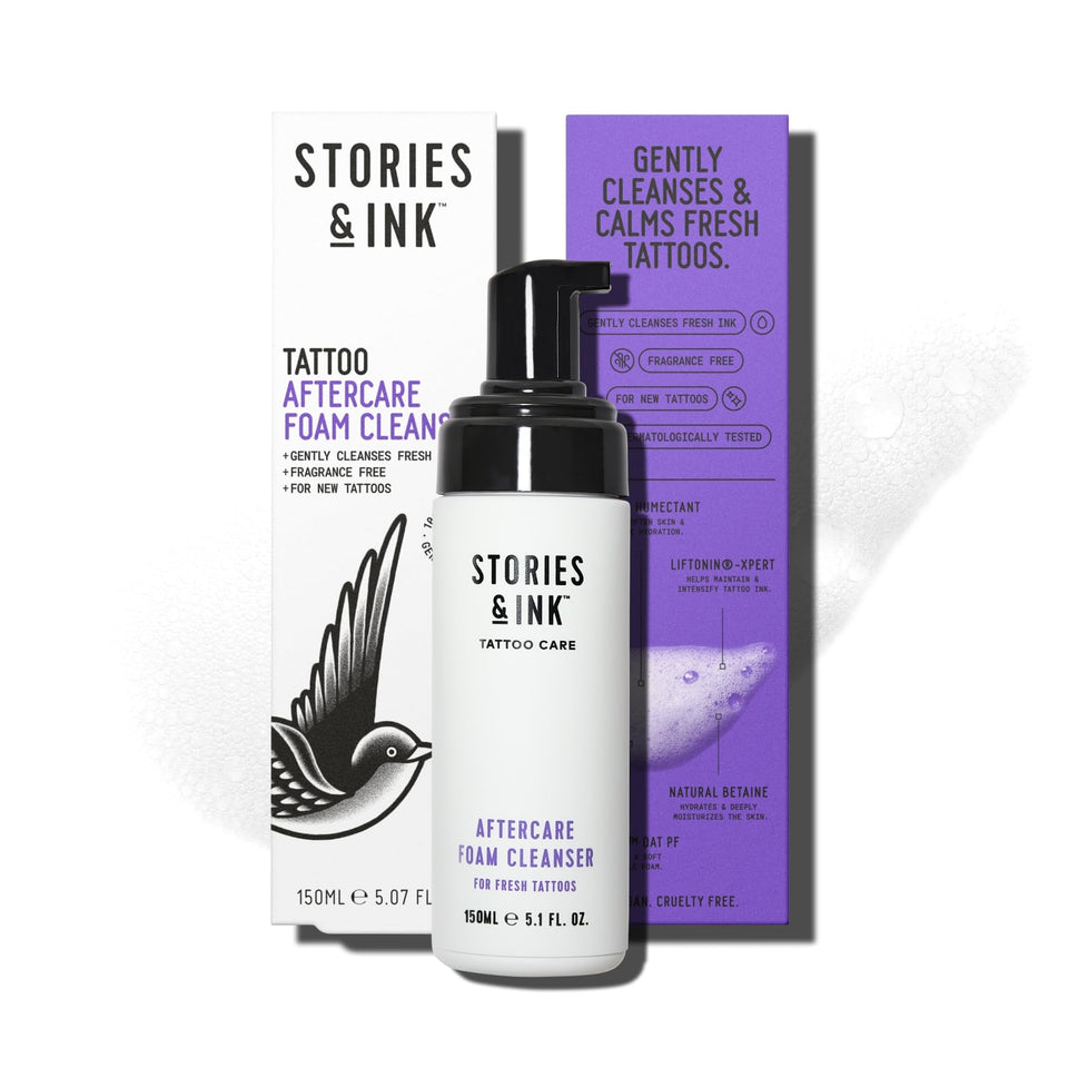 Stories & Ink tattoo care foam cleanser bottle shown for gentle cleansing of fresh tattoos