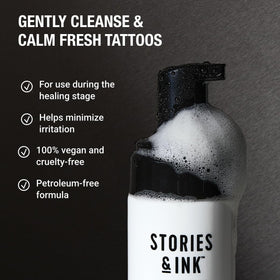 Mild foam from Stories & Ink cleanser forming a gentle lather on skin