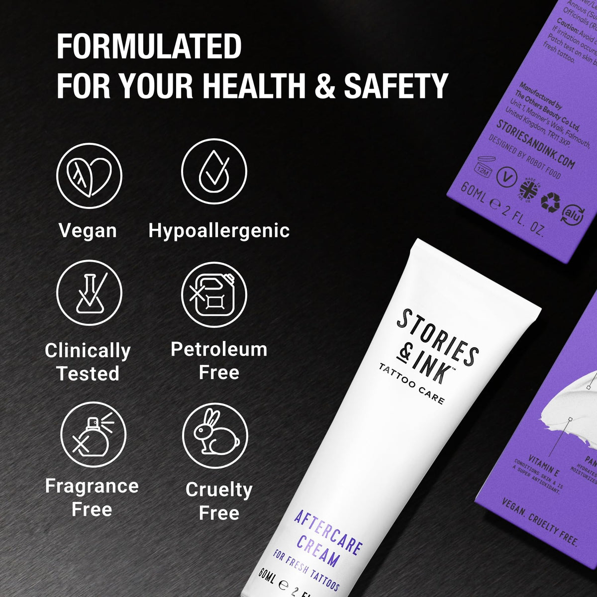 Stories & Ink patch-tested label close-up signals dermatologist-reviewed safety
