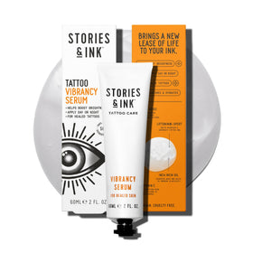 Stories & Ink Vibrancy Serum bottle highlighting lightweight hydration for healed tattoos