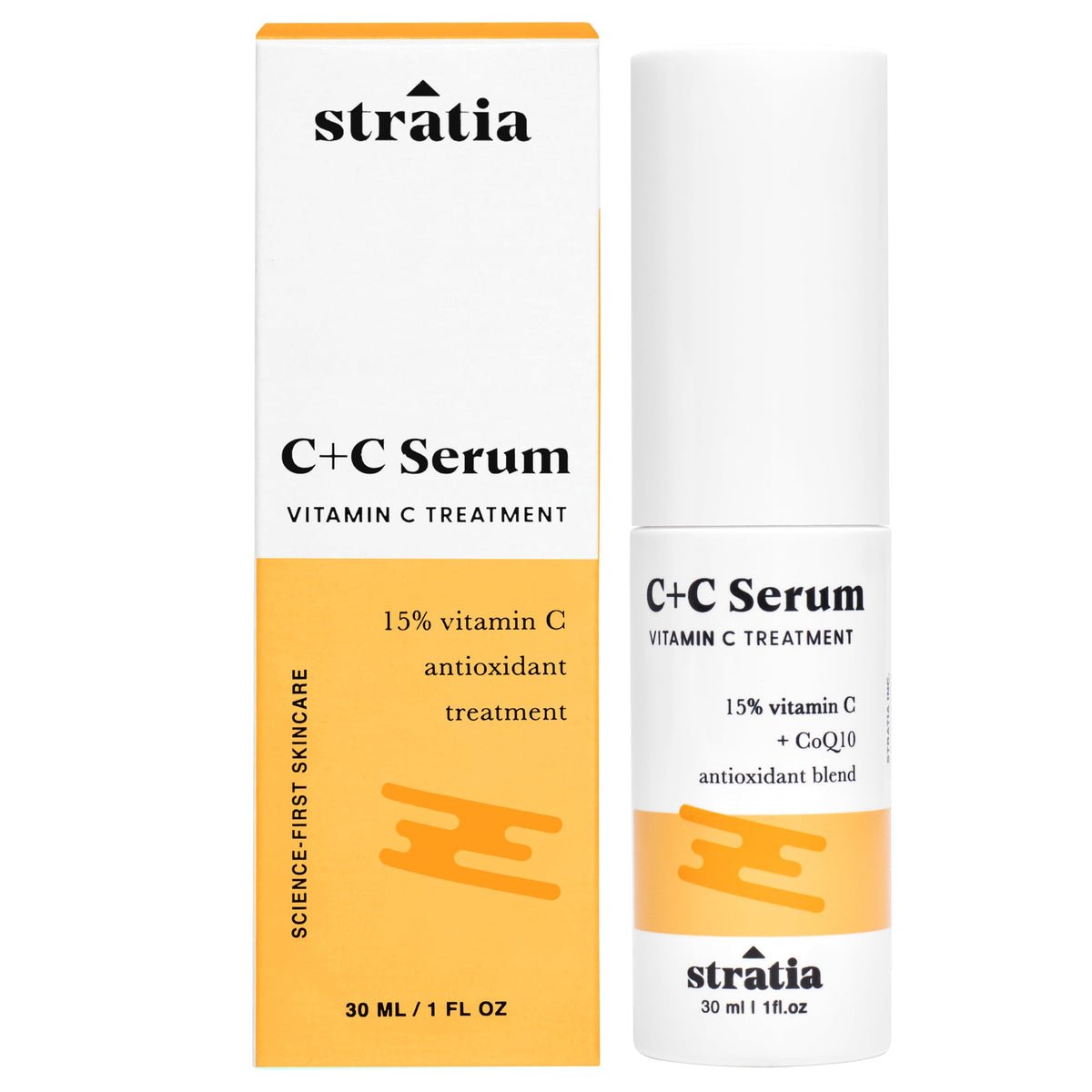 Stratia C+C Serum bottle closeup highlighting the brightening antioxidant formula.