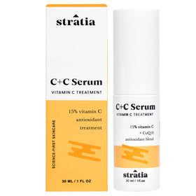 Stratia C+C Serum bottle closeup highlighting the brightening antioxidant formula.