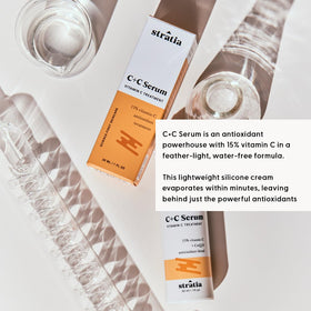 Stratia C+C Serum ingredient panel featuring CoQ10 for antioxidant support.