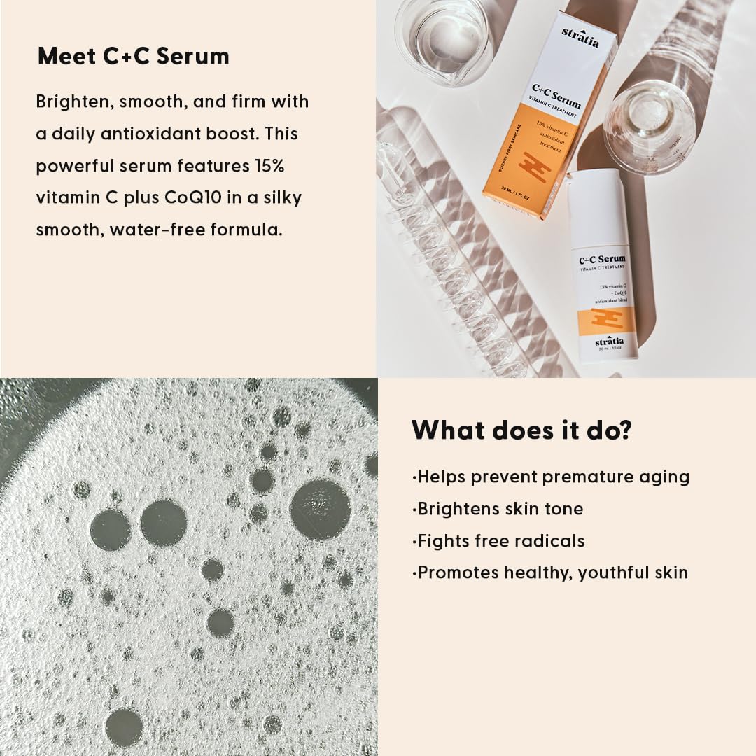 Stratia C+C Serum texture swirl showing feather-light, water-free feel for easy layering.