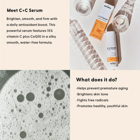 Stratia C+C Serum texture swirl showing feather-light, water-free feel for easy layering.