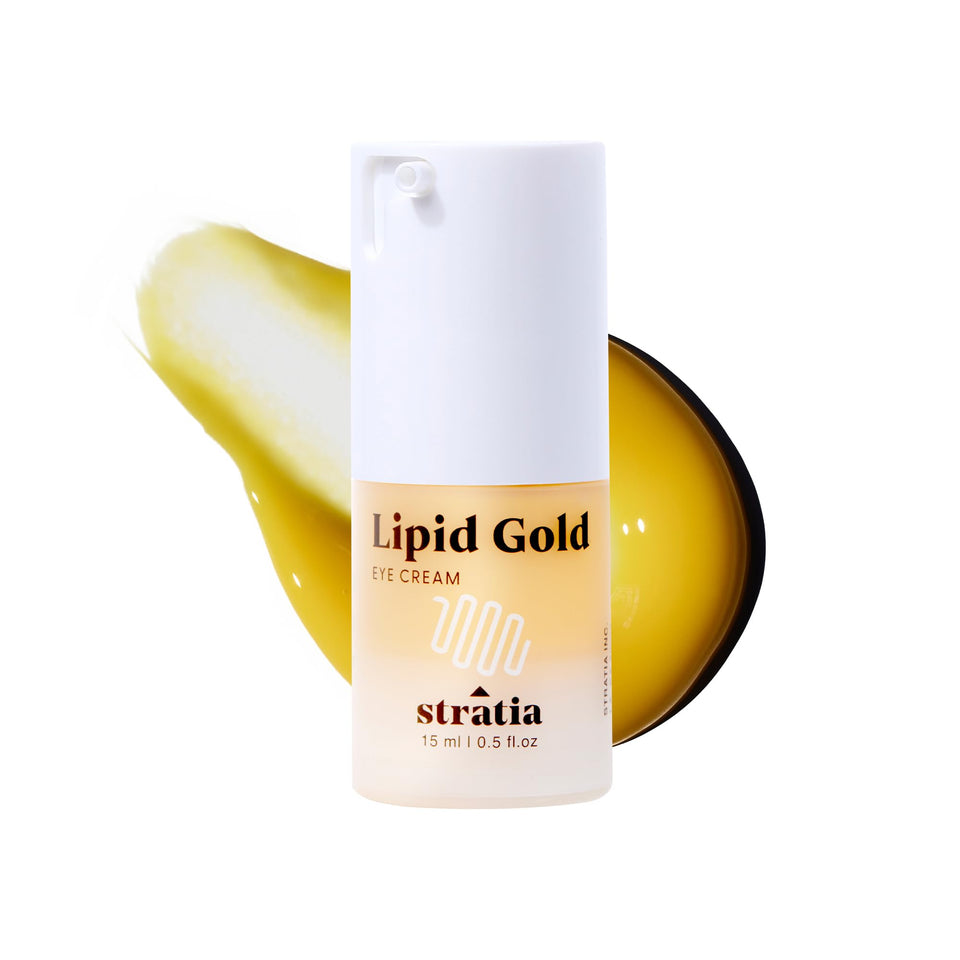 Stratia Lipid Gold Eye Cream tube delivering hydration for delicate under-eye skin.