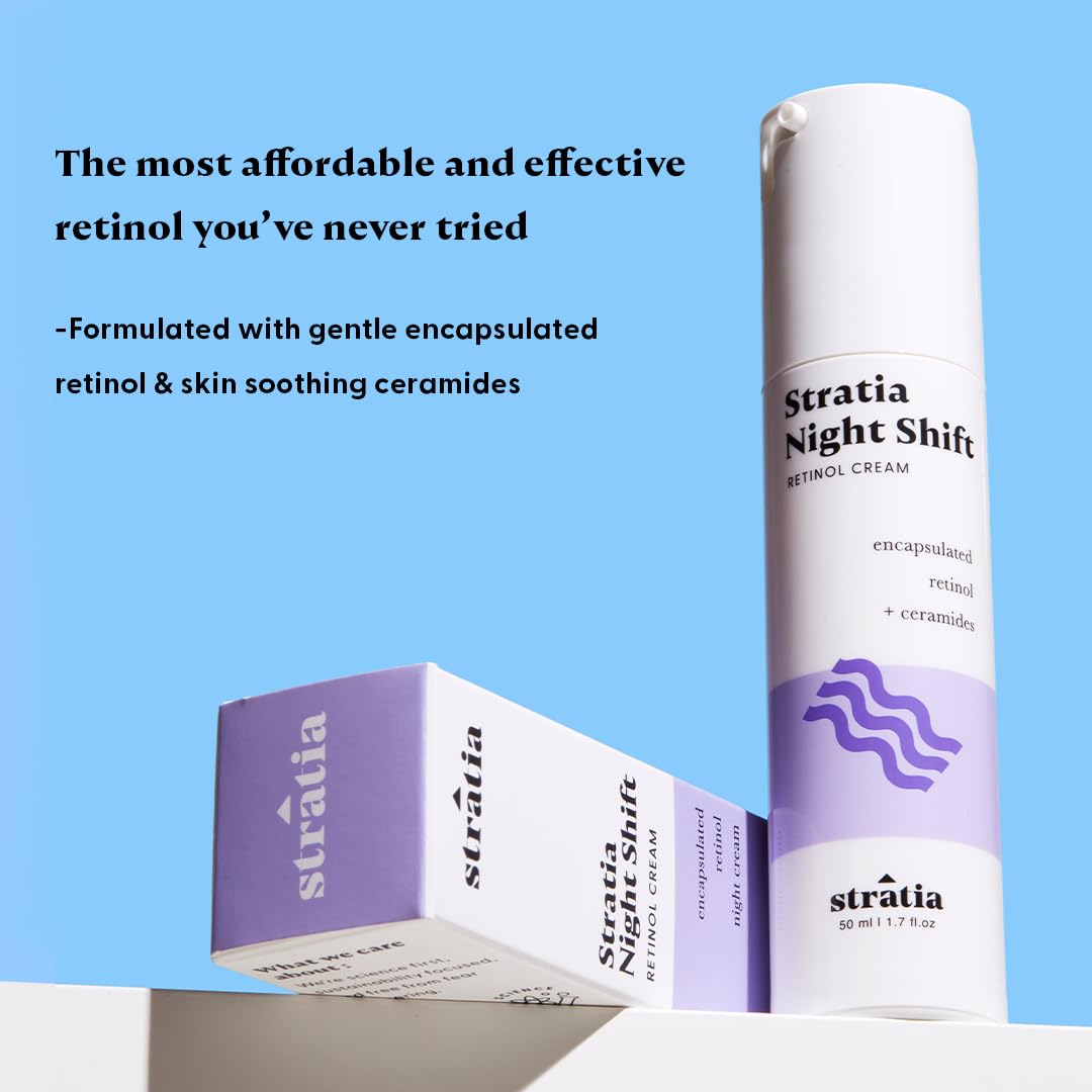 Stratia Night Shift cream jar back label emphasizing ingredients and care