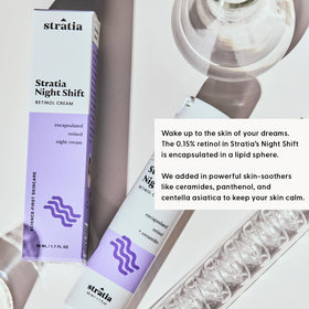Stratia Night Shift bottle close-up highlights ceramides for moisture