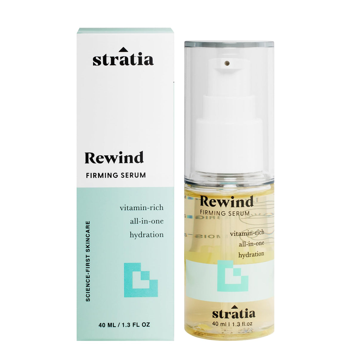 Stratia Rewind serum bottle close-up showing premium packaging and firming, hydrating formula.