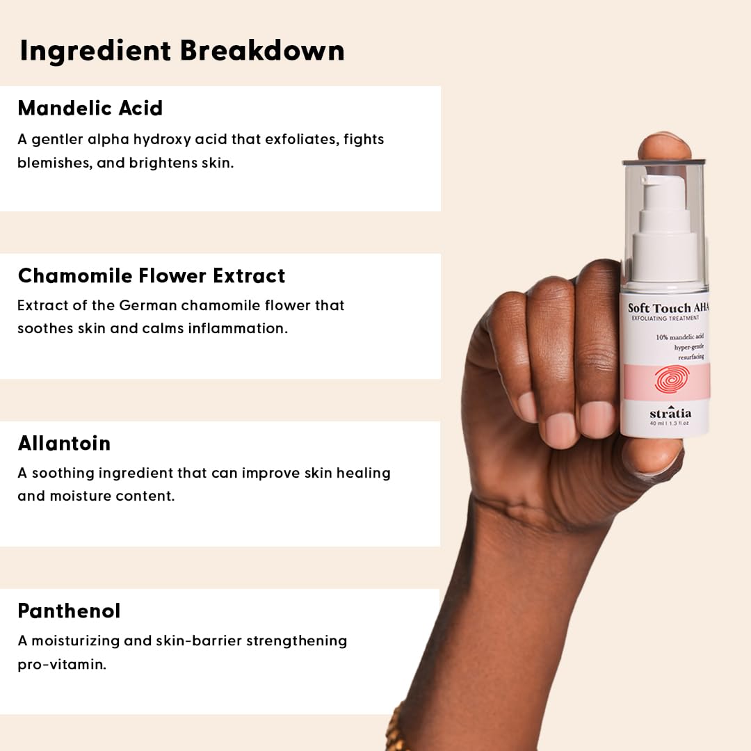 Stratia Soft Touch Dark Spot Corrector applying on cheek, targets uneven texture