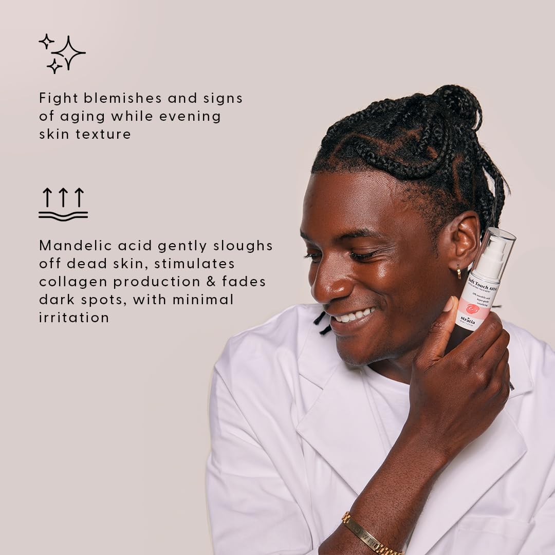 Stratia Soft Touch Dark Spot Corrector texture on skin, gentle mandelic acid exfoliation