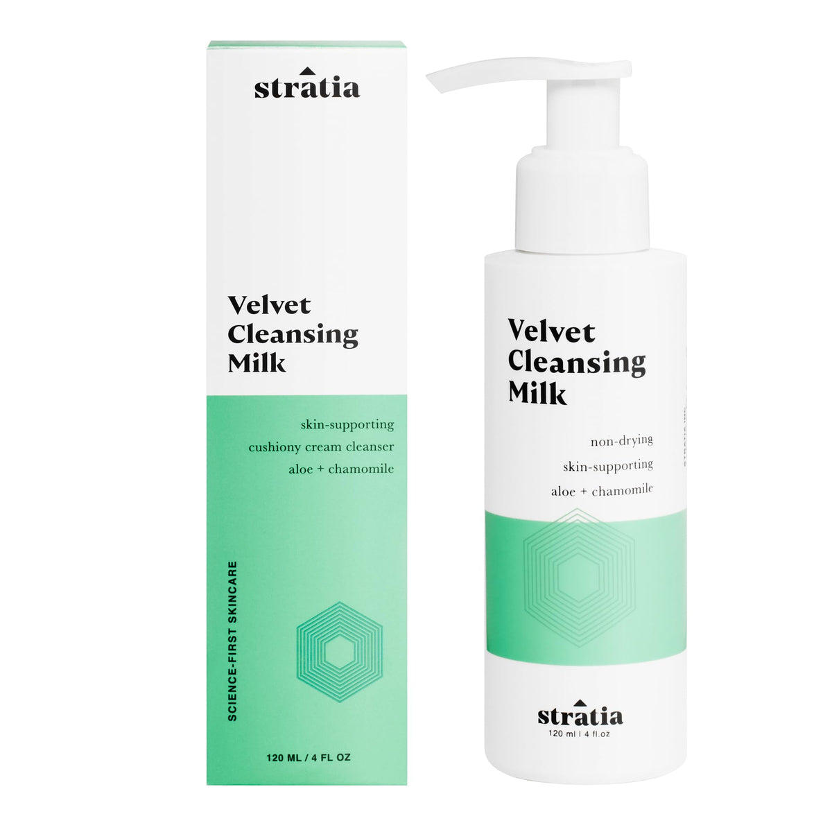 Stratia Velvet Cleansing Milk bottle promotes gentle cleansing for daily use