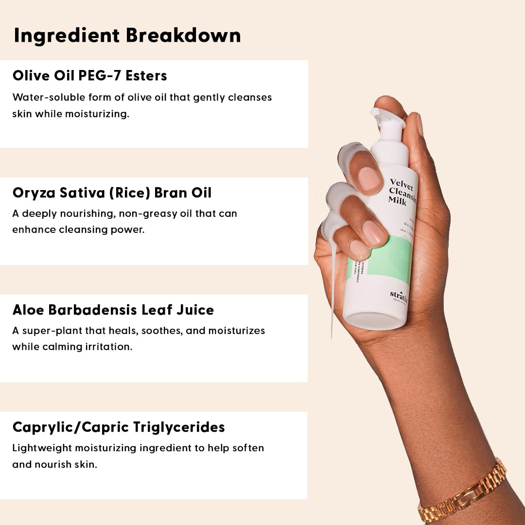 Stratia Velvet Cleansing Milk ingredients feature aloe and chamomile for calm skin
