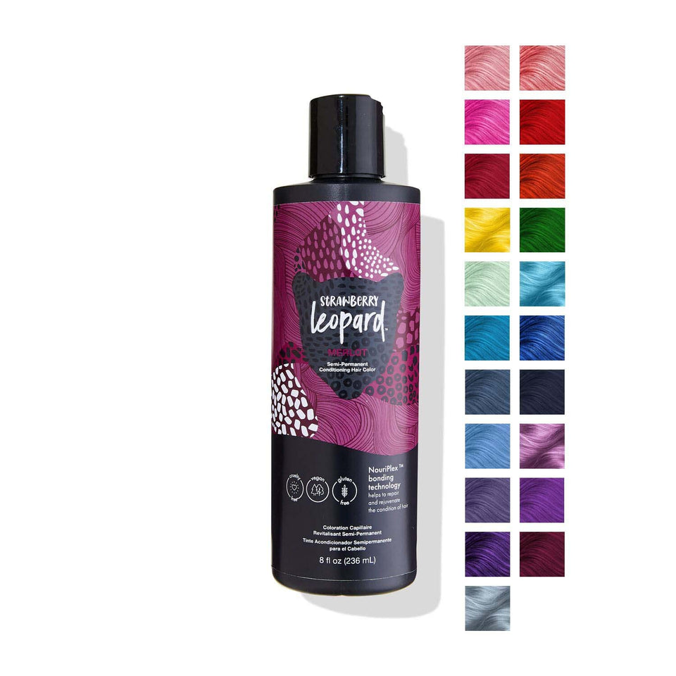 Strawberry Leopard Merlot semi-permanent bottle ready for application with long-lasting shade
