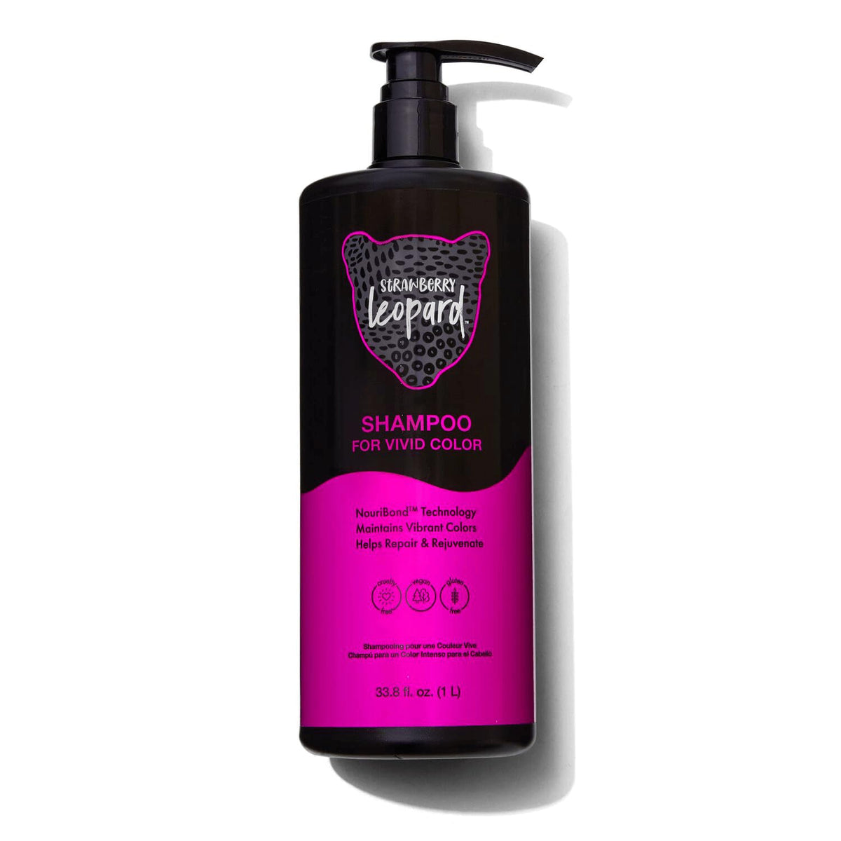 Strawberry Leopard Shampoo bottle close-up showing color-safe protection
