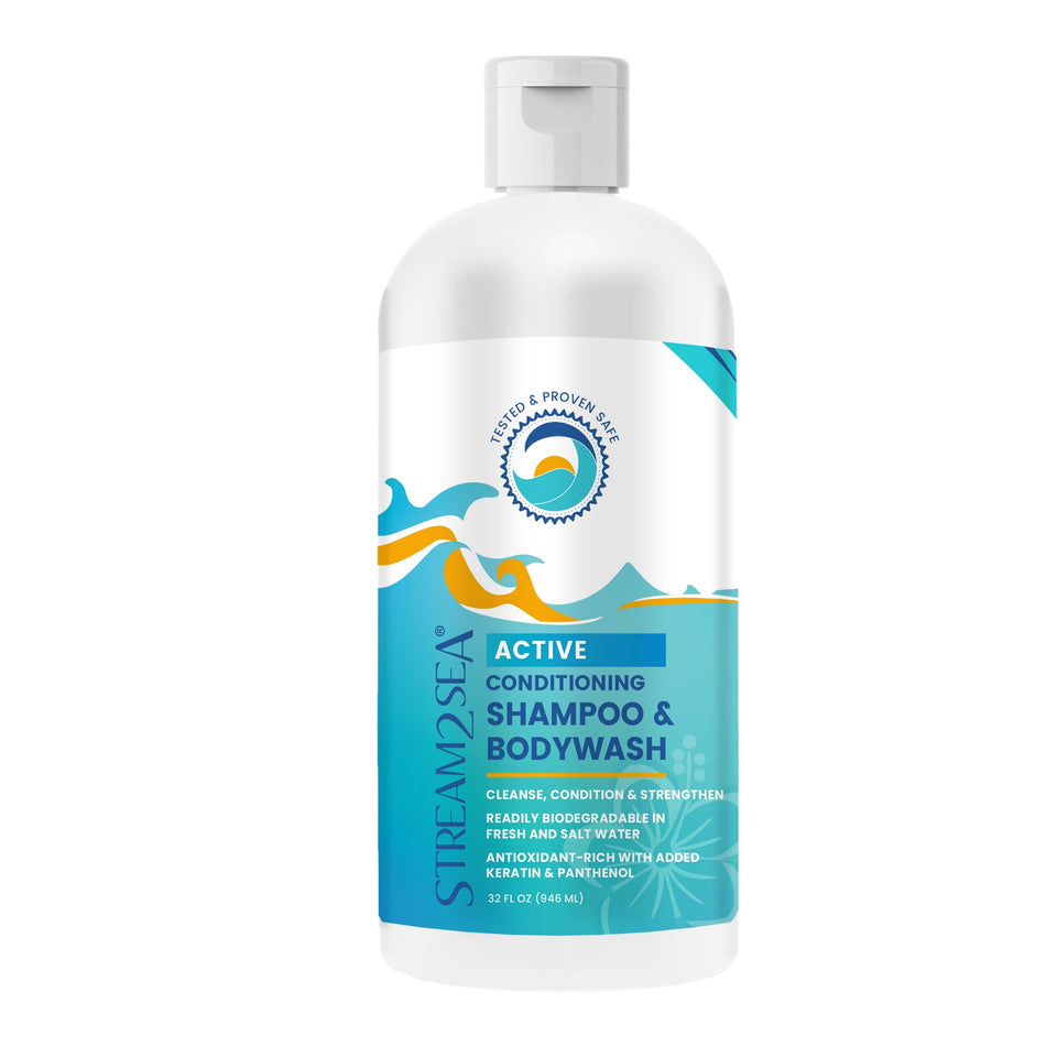 STREAM 2 SEA 3in1 shampoo bottle showing all-in-one wash for hair and skin