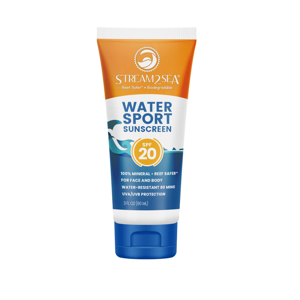 STREAM 2 SEA SPF 20 mineral sunscreen bottle shown for outdoor protection