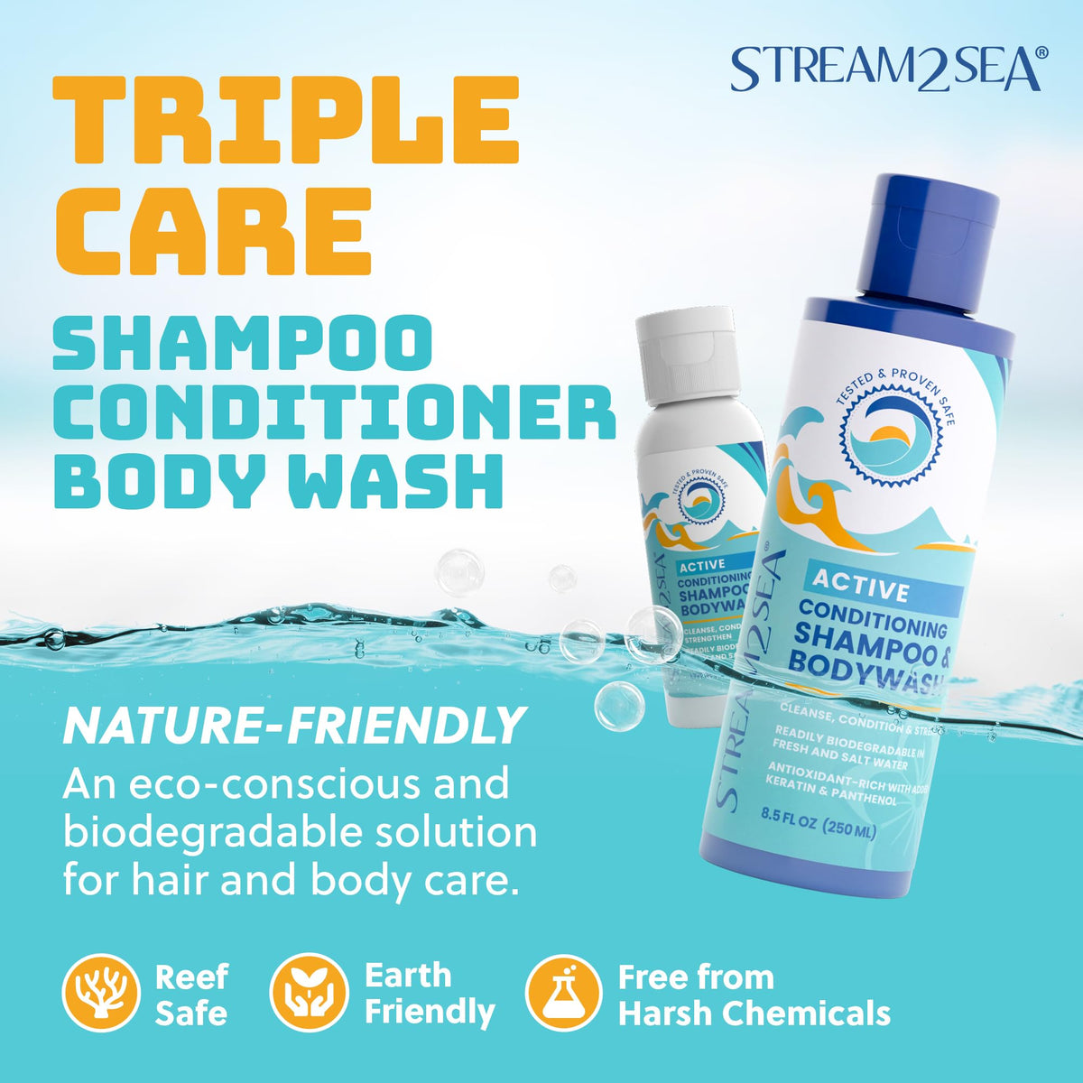 Stream2Sea biodegradable body wash in travel-size bottle for outdoor trips.