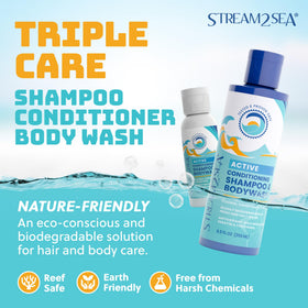 Stream2Sea biodegradable body wash in travel-size bottle for outdoor trips.