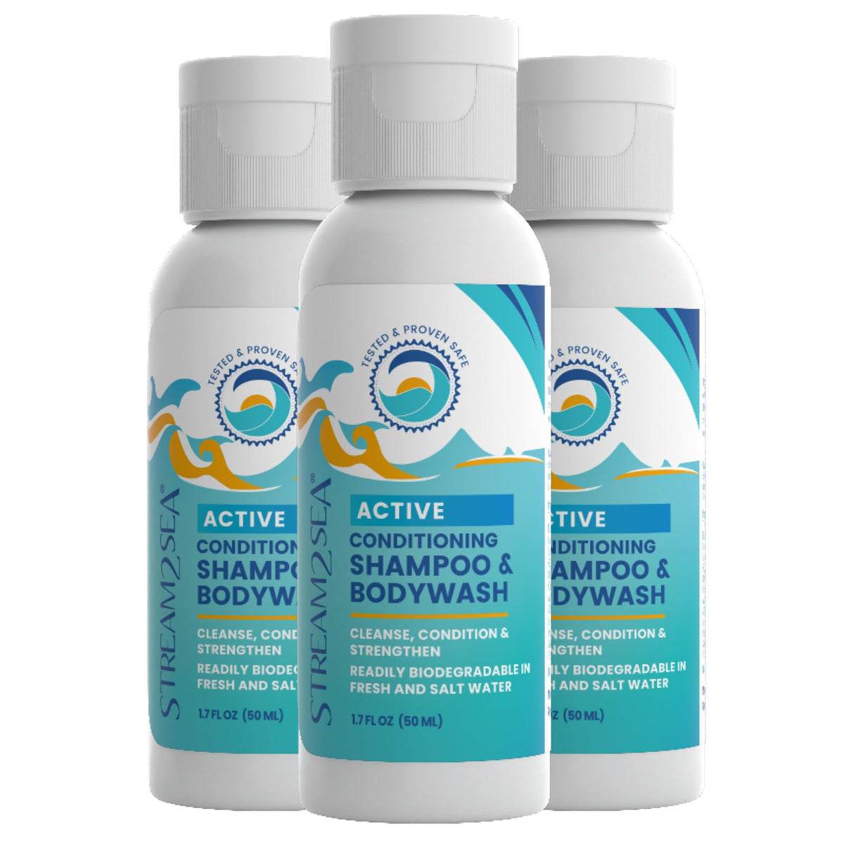 Stream2Sea swimmers shampoo bottle highlighting reef-safe formula for ocean-friendly care.