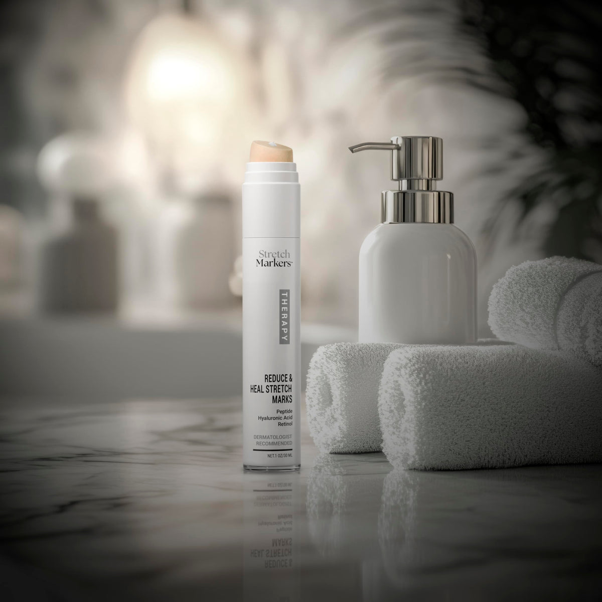 StretchMarkers Therapy Cream before and after close-up showing smoother skin texture