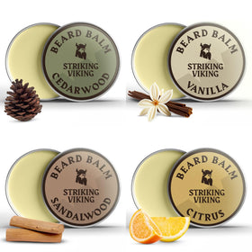 Striking Viking four-tin beard balm pack front view for on-the-go grooming