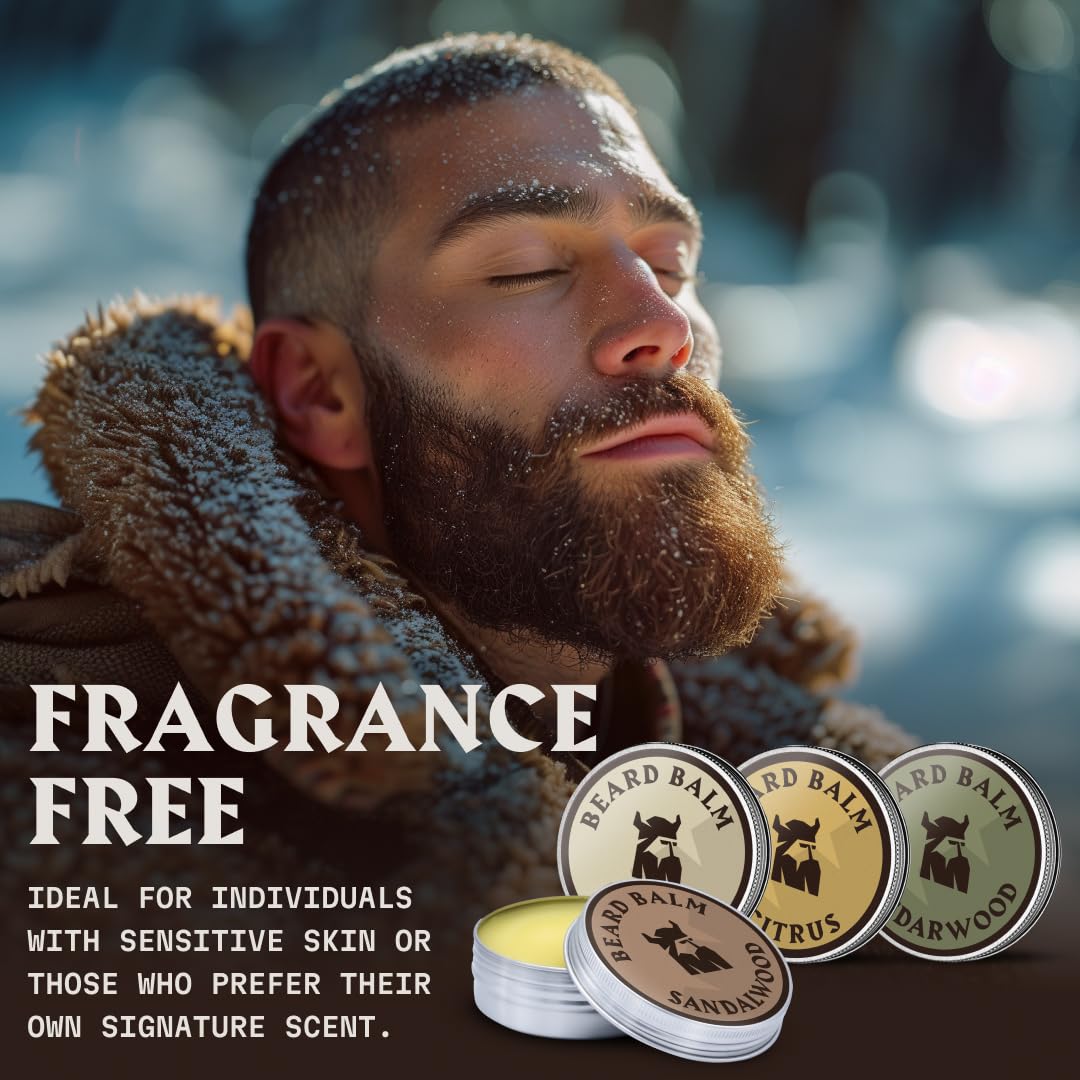 Striking Viking beard balm tin label close-up showing natural oils