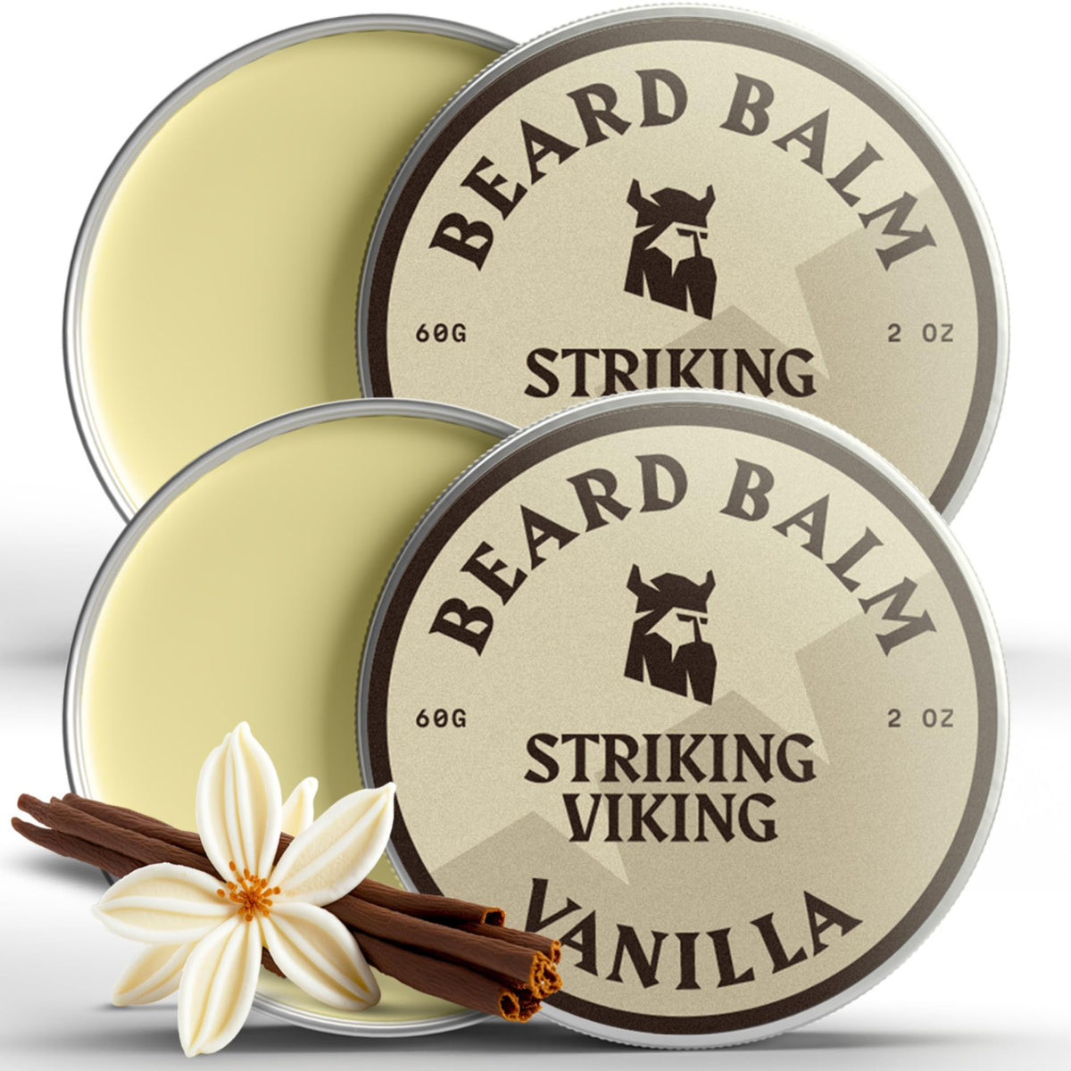 Striking Viking vanilla beard balm jar close-up highlighting hydrating texture