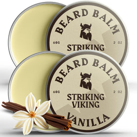 Striking Viking vanilla beard balm jar close-up highlighting hydrating texture