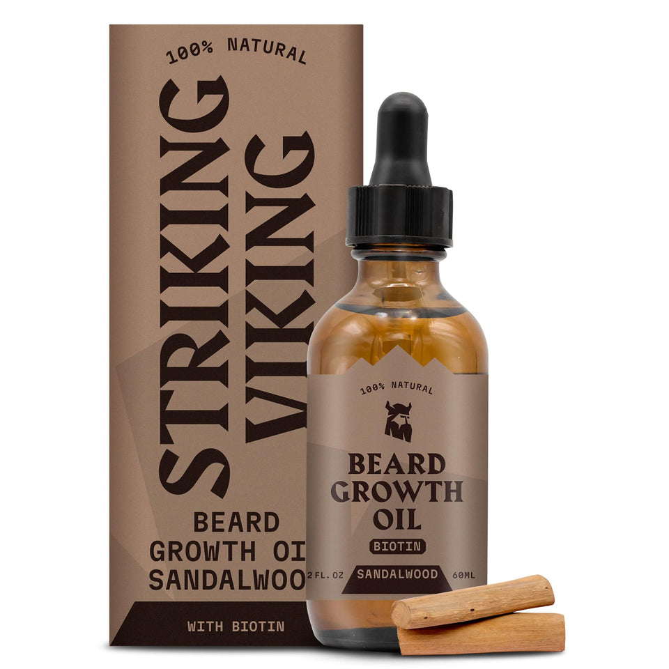 Striking Viking beard growth oil bottle with sandalwood for daily nourishment