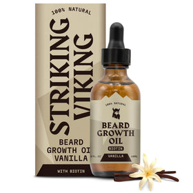 Striking Viking beard growth oil bottle shows vanilla scent and premium oil blend for easy grooming.