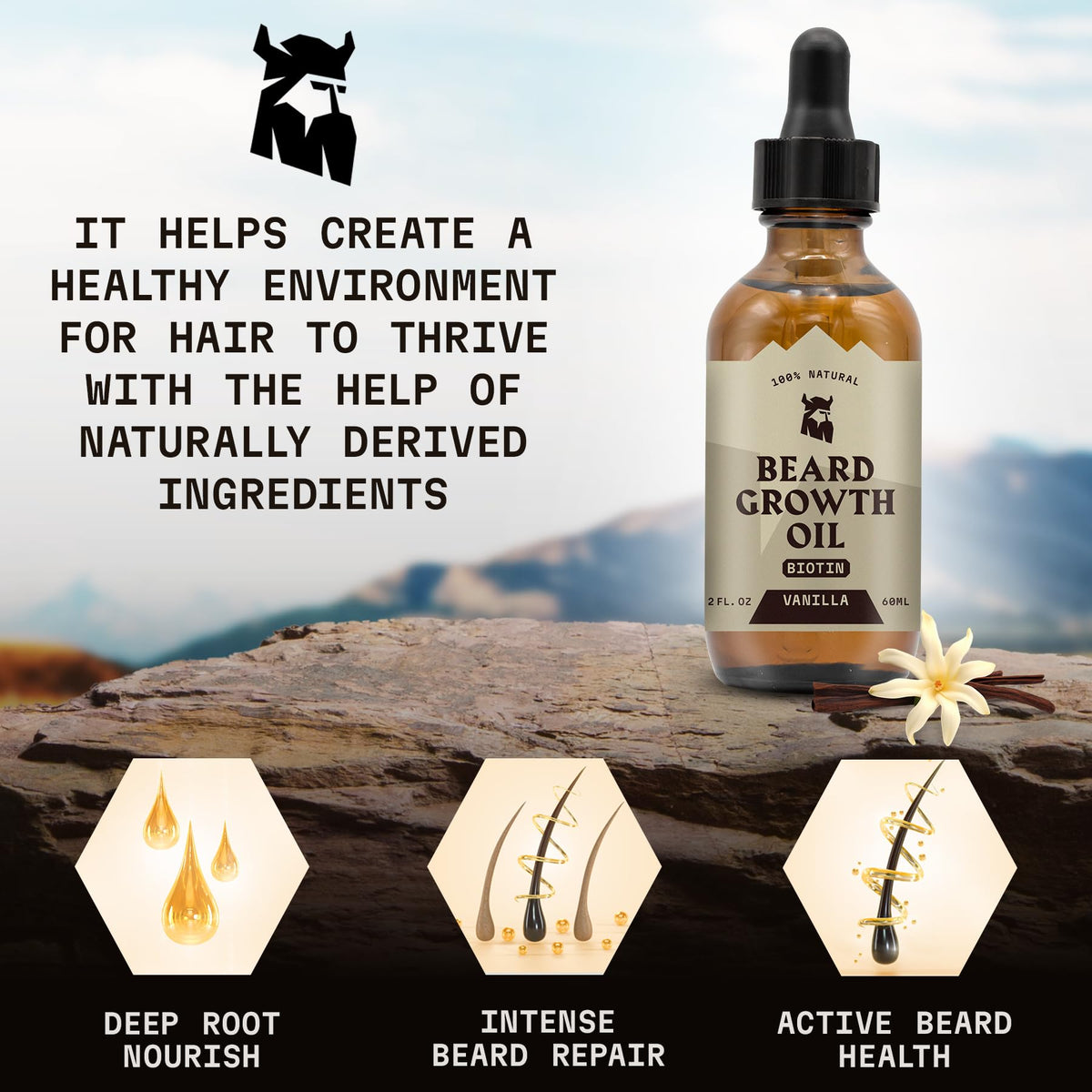 Striking Viking beard growth oil vanilla label highlights biotin-rich formula.