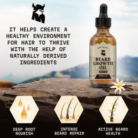 Striking Viking beard growth oil vanilla label highlights biotin-rich formula.