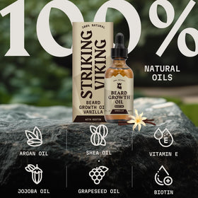 Striking Viking beard growth oil pour demonstrates quick absorption without greasiness.