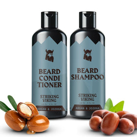 Striking Viking beard shampoo bottle highlighting nourishing oils for a healthier beard.