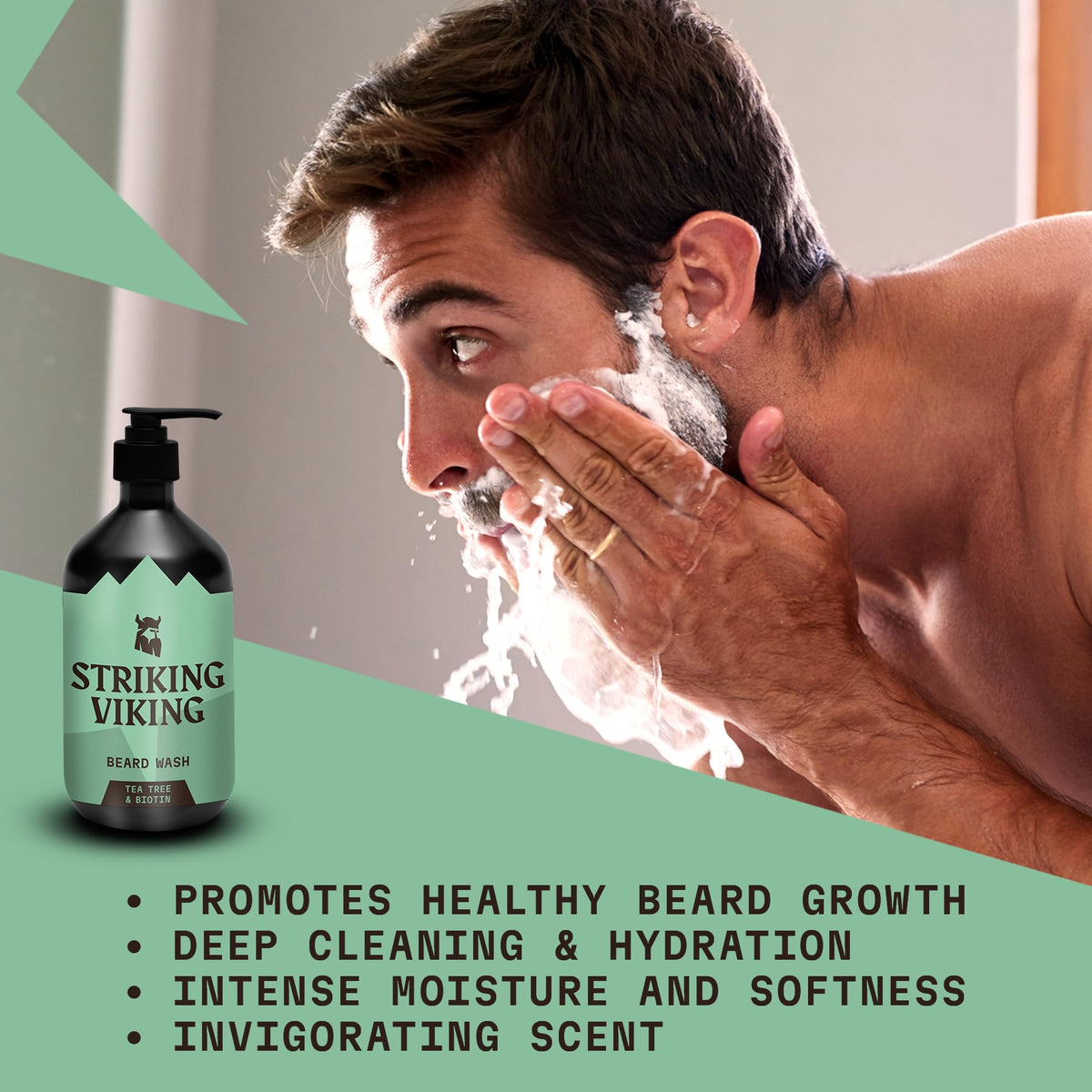 Striking Viking Beard Shampoo creates a rich foamy lather for deep cleansing.