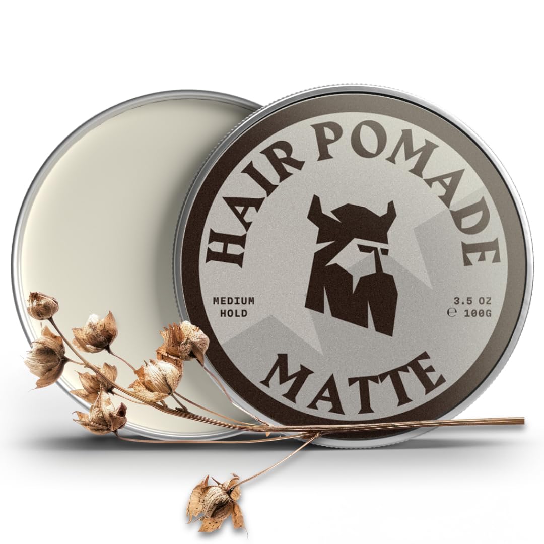 Striking Viking Hair Pomade jar displays matte finish and easy wash