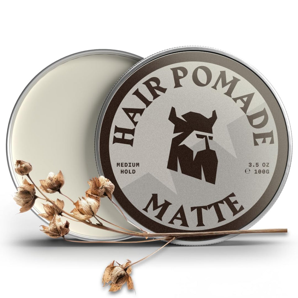 Striking Viking Hair Pomade jar displays matte finish and easy wash