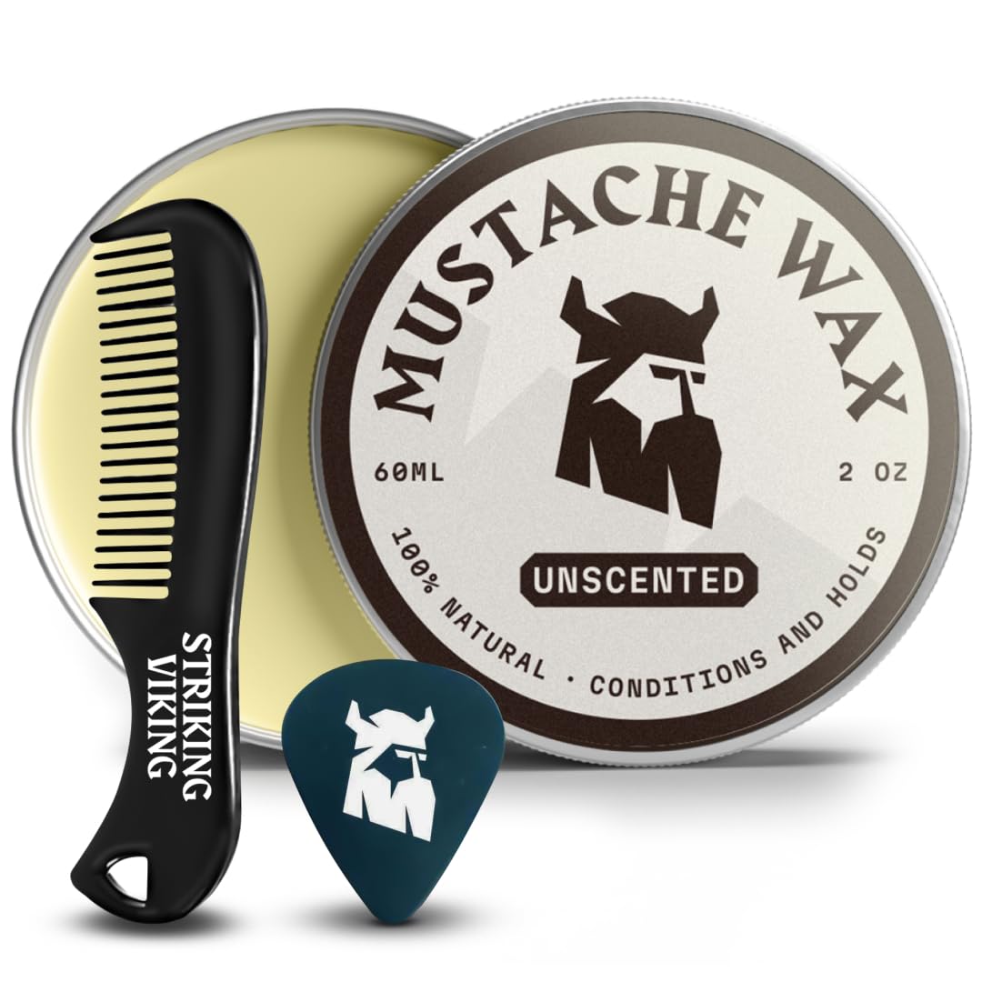 Striking Viking mustache wax kit jar showcases unscented strong hold for all-day definition.