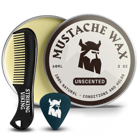 Striking Viking mustache wax kit jar showcases unscented strong hold for all-day definition.
