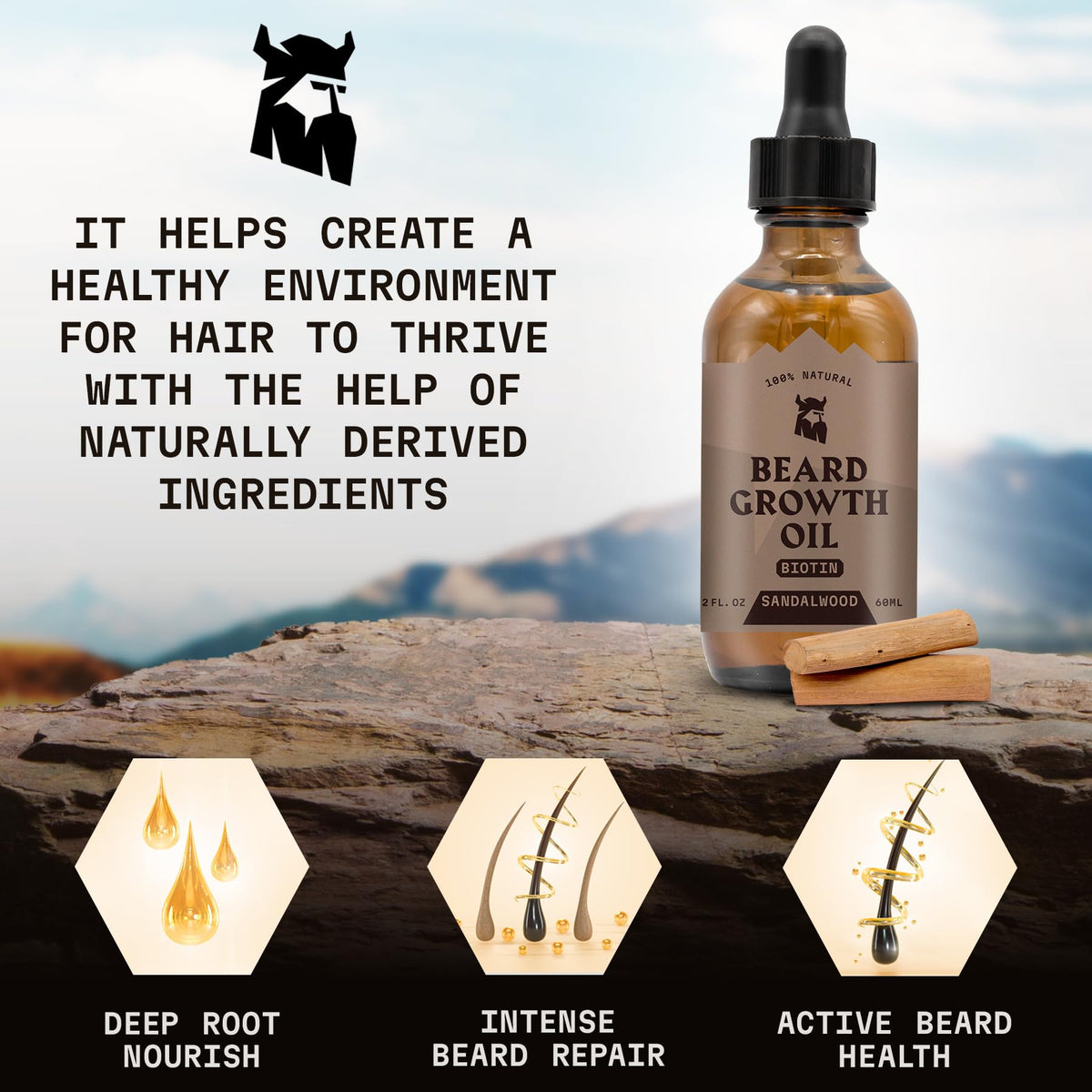 Striking Viking sandalwood-scented beard oil enhances grooming ritual