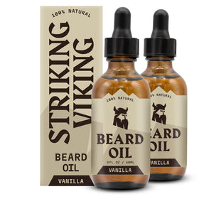 Striking Viking Vanilla Beard Oil bottle glistening with hydration and vanilla aroma