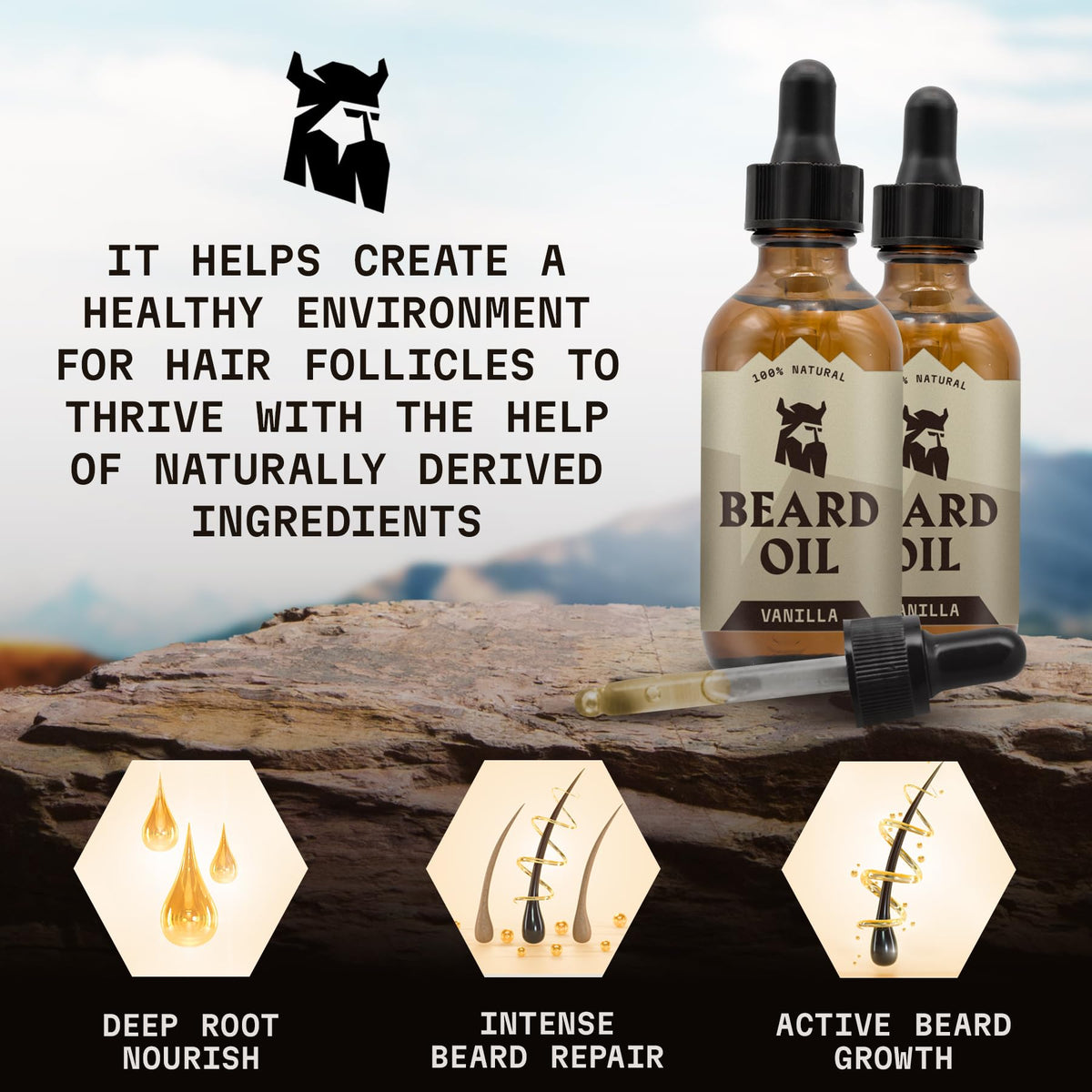 Striking Viking Vanilla Beard Oil in hands shows easy daily use