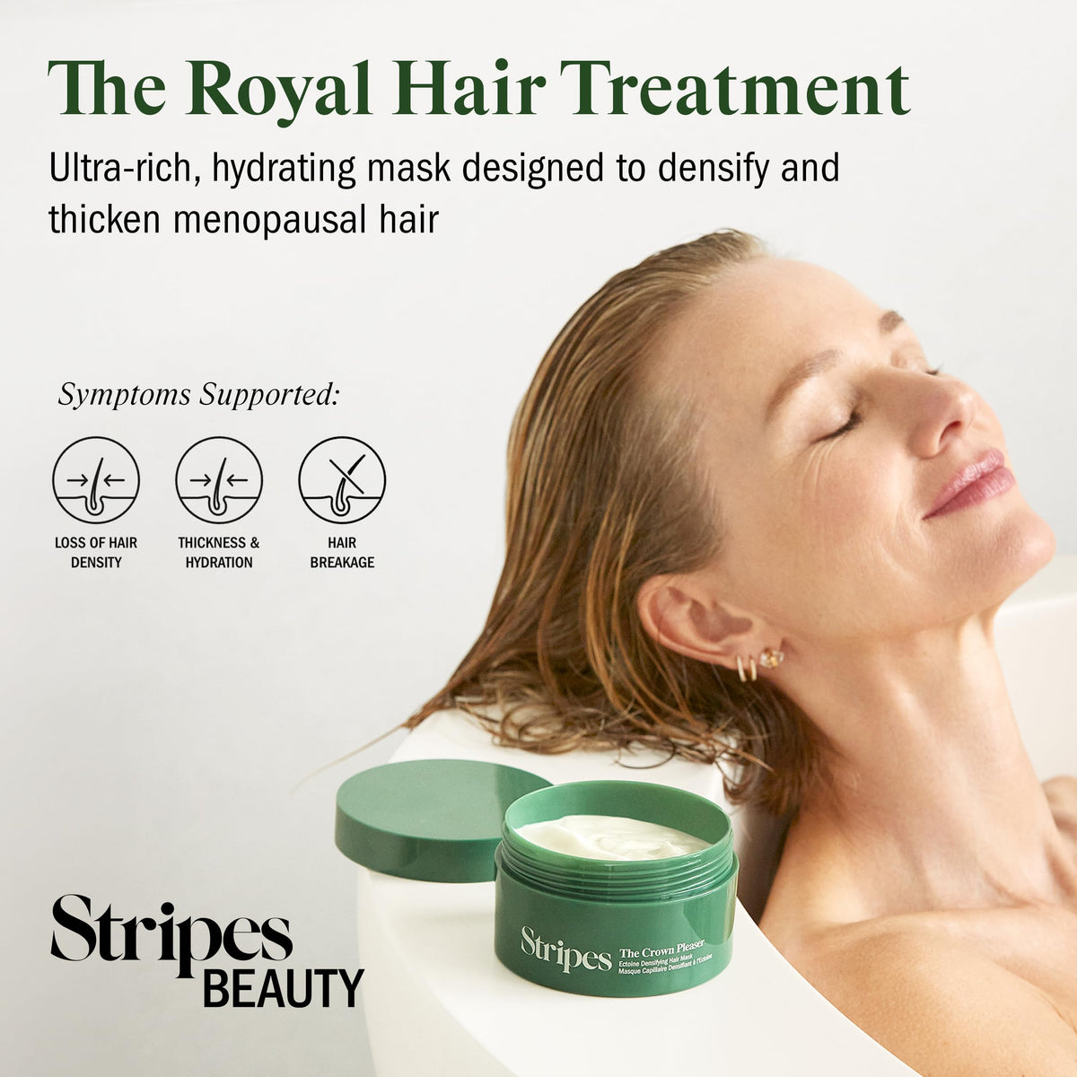 Hands massaging Crown Pleaser into hair to boost thickness and manageability